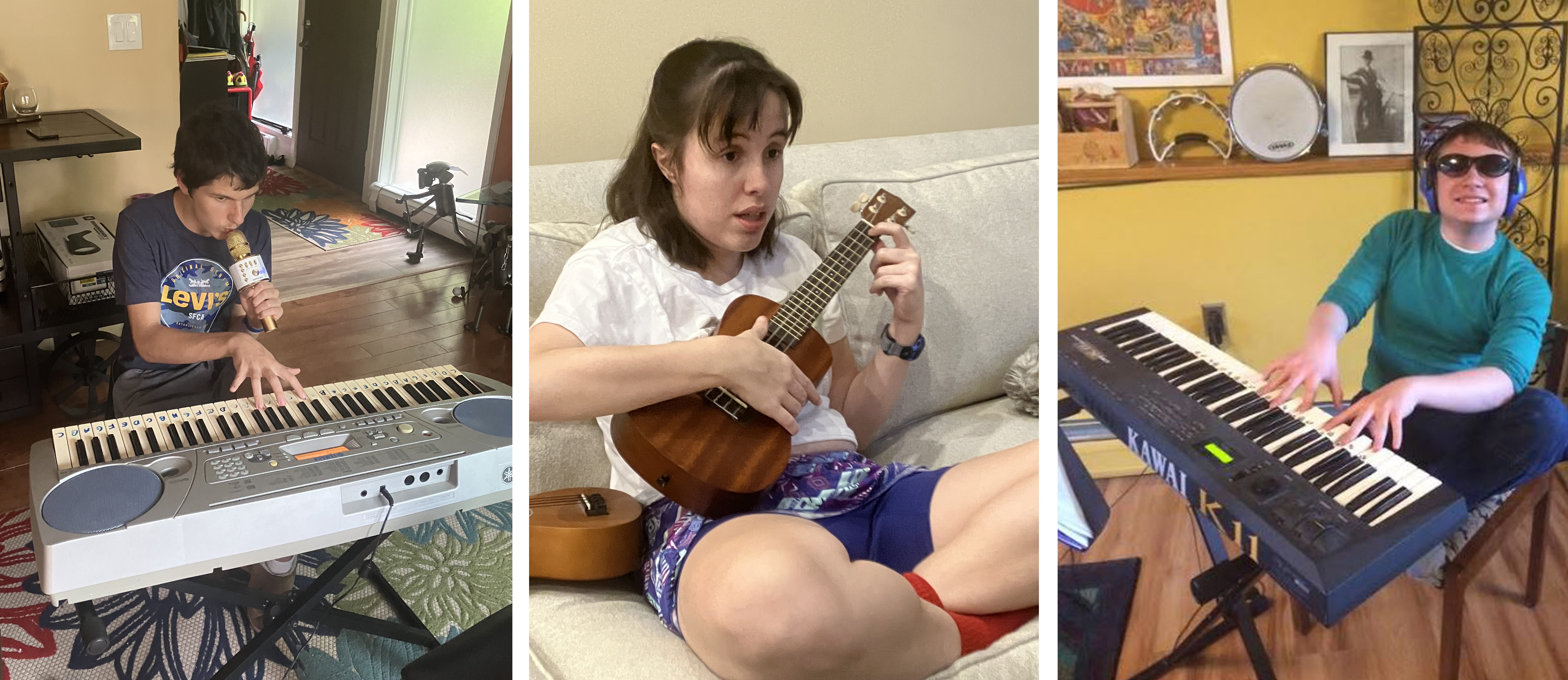 3 of David Meyers' music school students during their individual lessons on different keyboard and string instruments.
