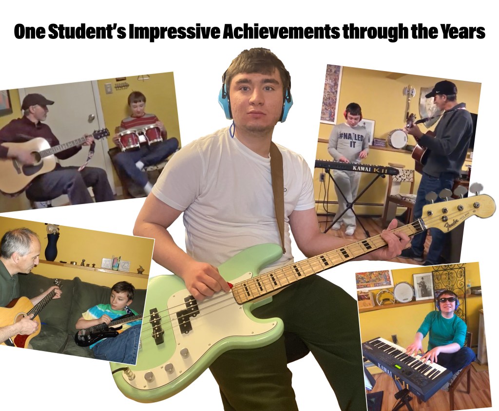 One Student's Impressive Achievements through the Years, showing his progress starting with his first music lessons at about age 9 from David Meyers of RockOnMusicSchool to his present state of successful musical skills as he enters adulthood. He has learned to play guitar, bass guitar, keyboards and percussion.
