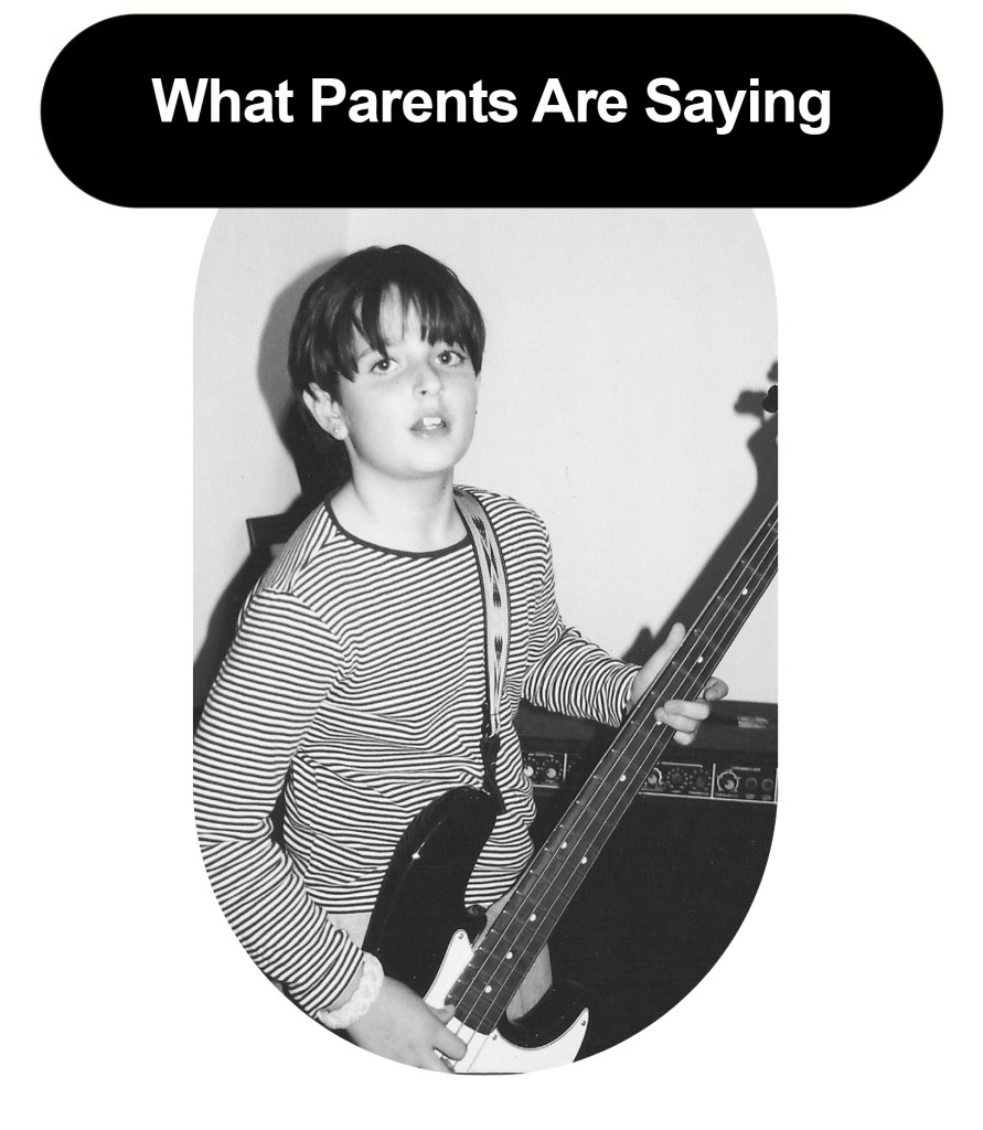 What Parents are Saying about David Meyers' RockOnMusicSchool services, showing an adolescent boy playing the bass guitar.